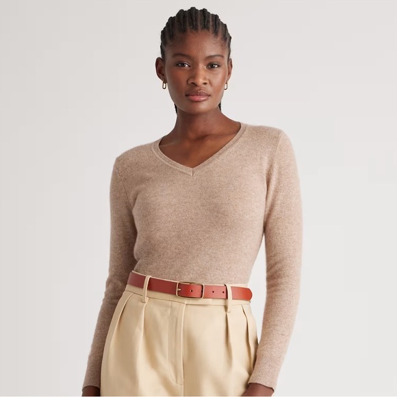 Quince Sweaters - Quince Beige V-Neck Cashmere-Blend Sweater